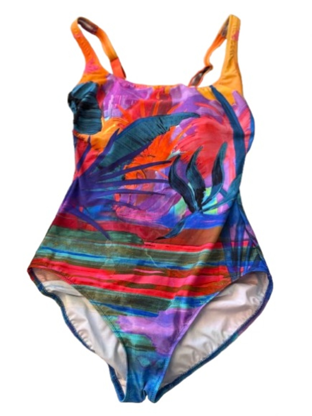 Gottex One Piece Swimsuit Tropical Abstract Print Open Back Colorful Size 10